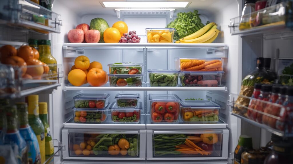 Geladeira aberta organizada com frutas frescas, verduras e potes com comida saudável