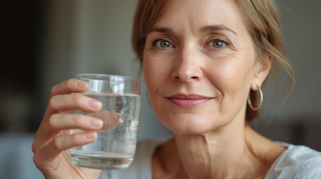 mulher de 50 anos bebendo um copo de água