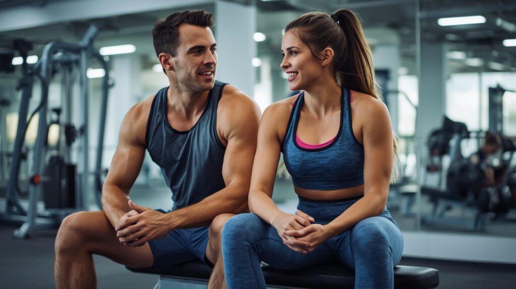 um homem e uma mulher utilizando roupas de academia, sentados em um banco de academia, conversando