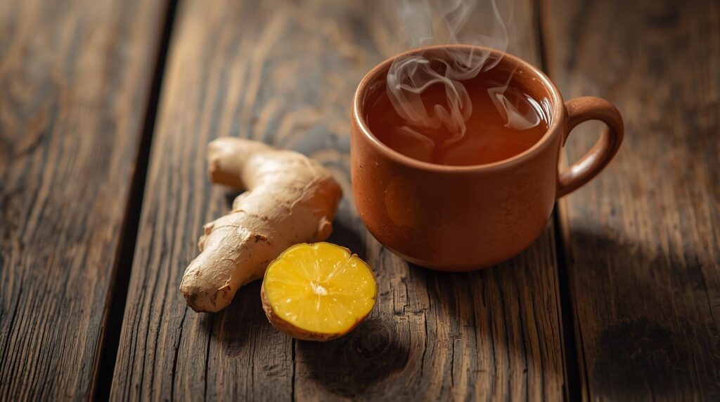 xícara de chá com um pedaço de gengibre ao lado