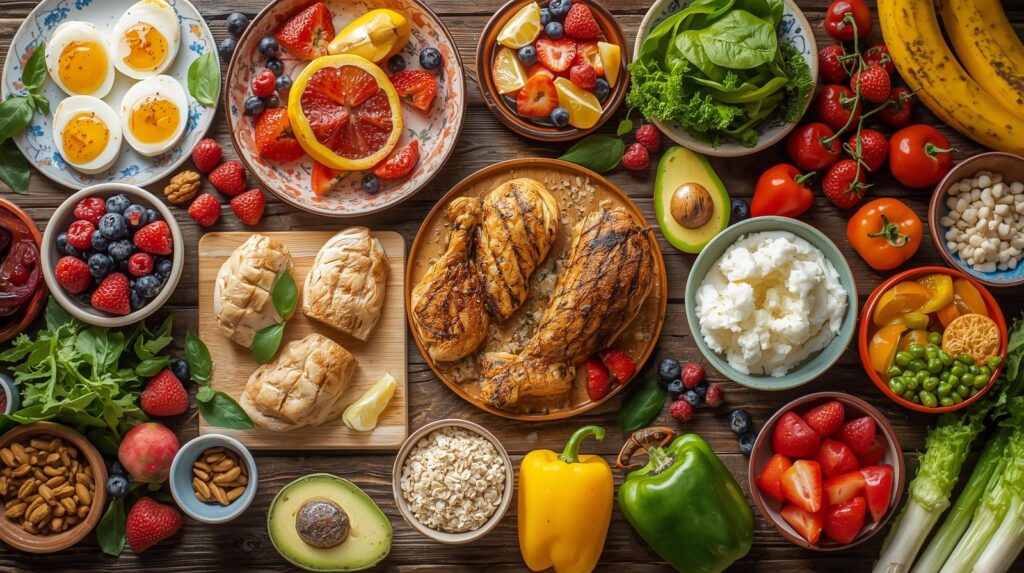 Mesa clara com alimentos saudáveis