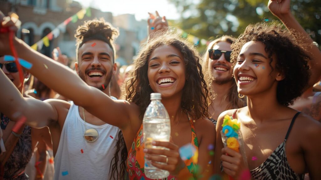 Grupo de amigos jovens curtindo o Carnaval ao ar livre