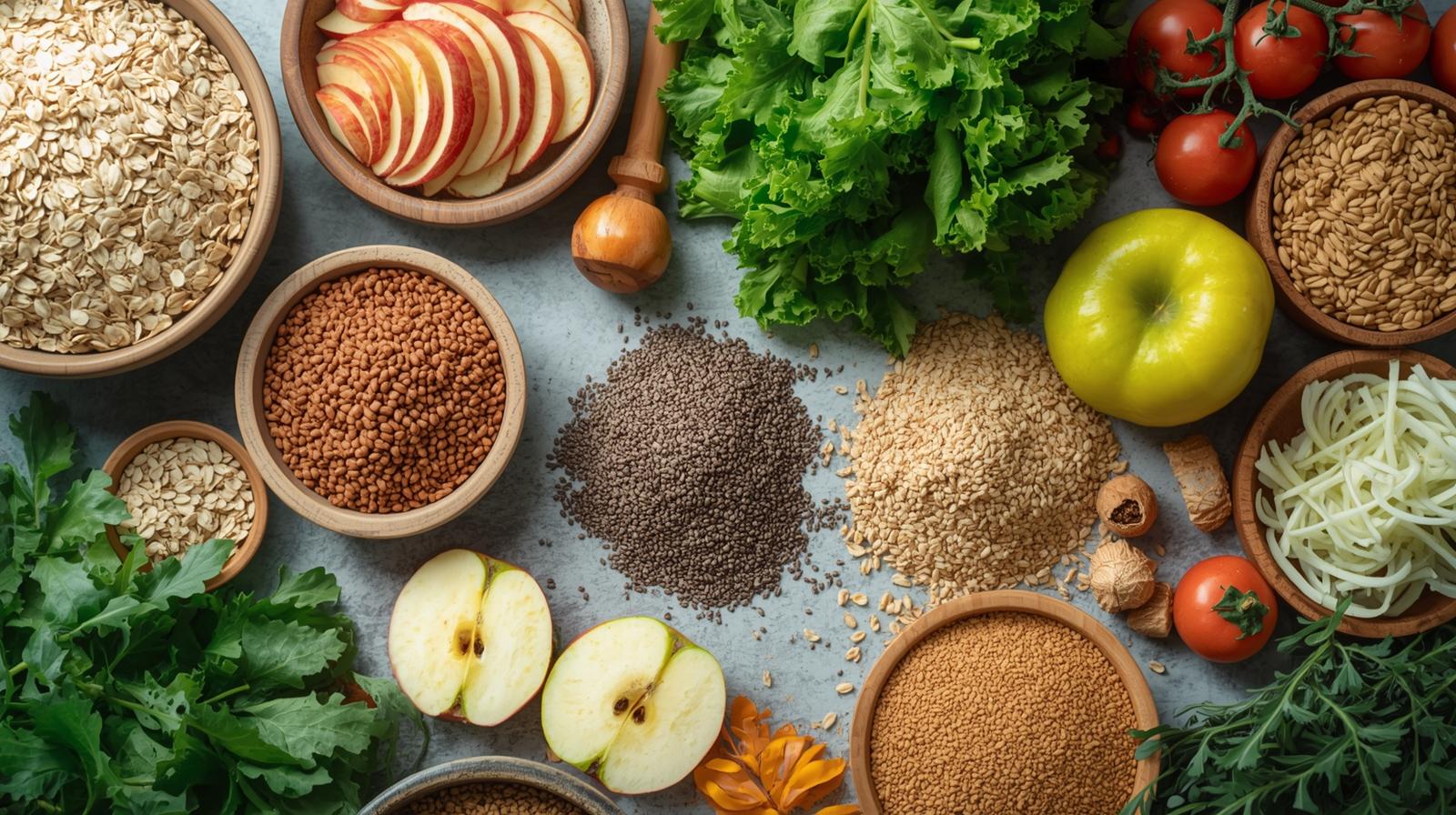 Mesa clara com alimentos ricos em fibras