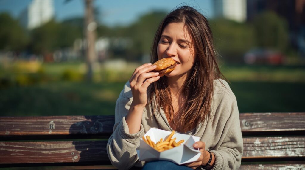 Mulher sentada em banco de praça comendo alimento não saudável