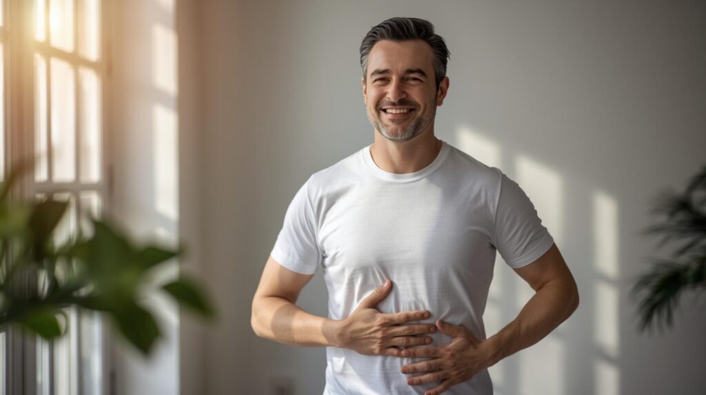 Pessoa com expressão de bem-estar tocando suavemente a própria barriga