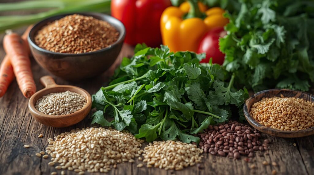 mesa com farelo de trigo, vegetais, folhas verdes e grãos
