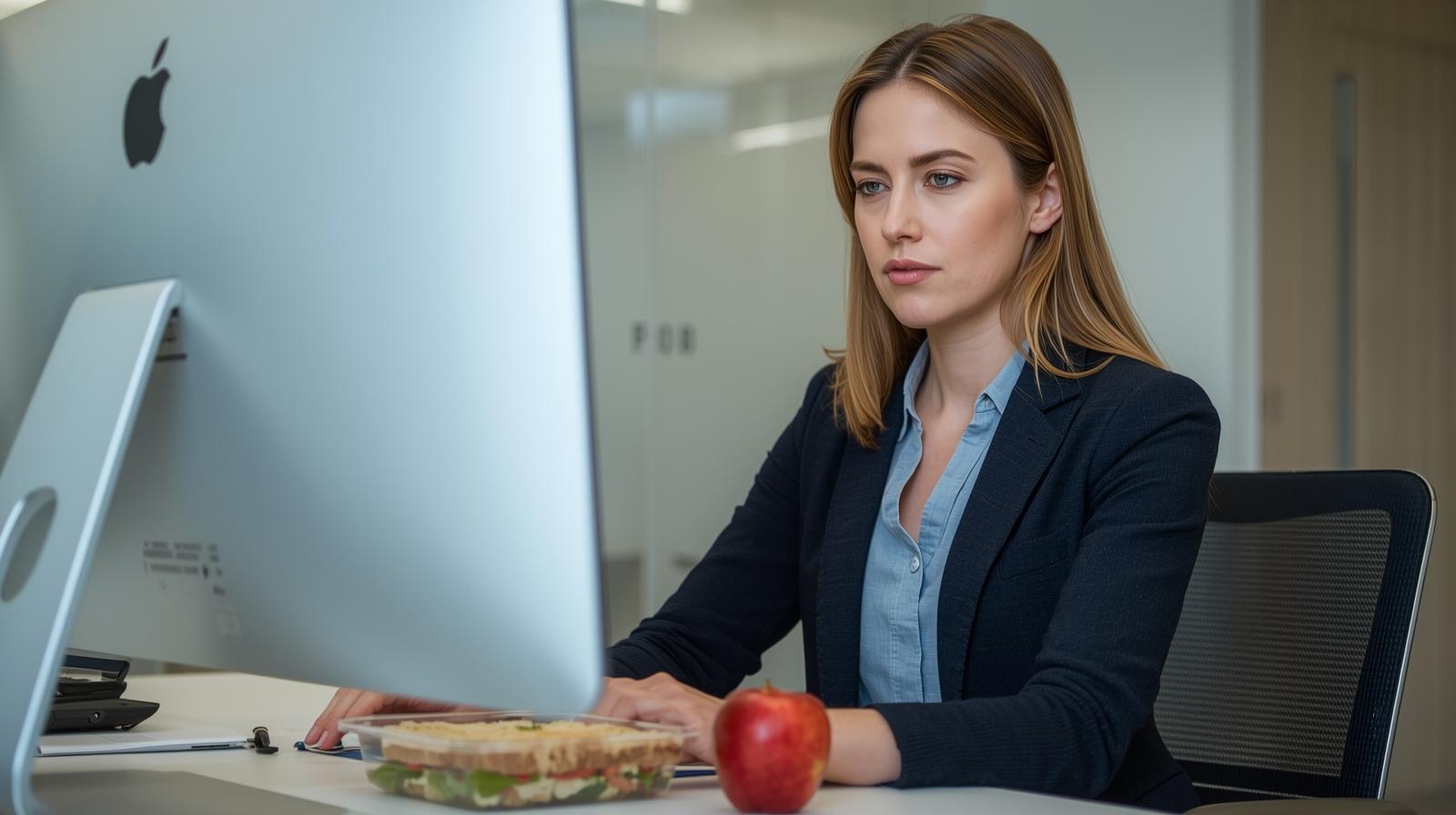 mulher trabalhando em escritorio com lanche saudável