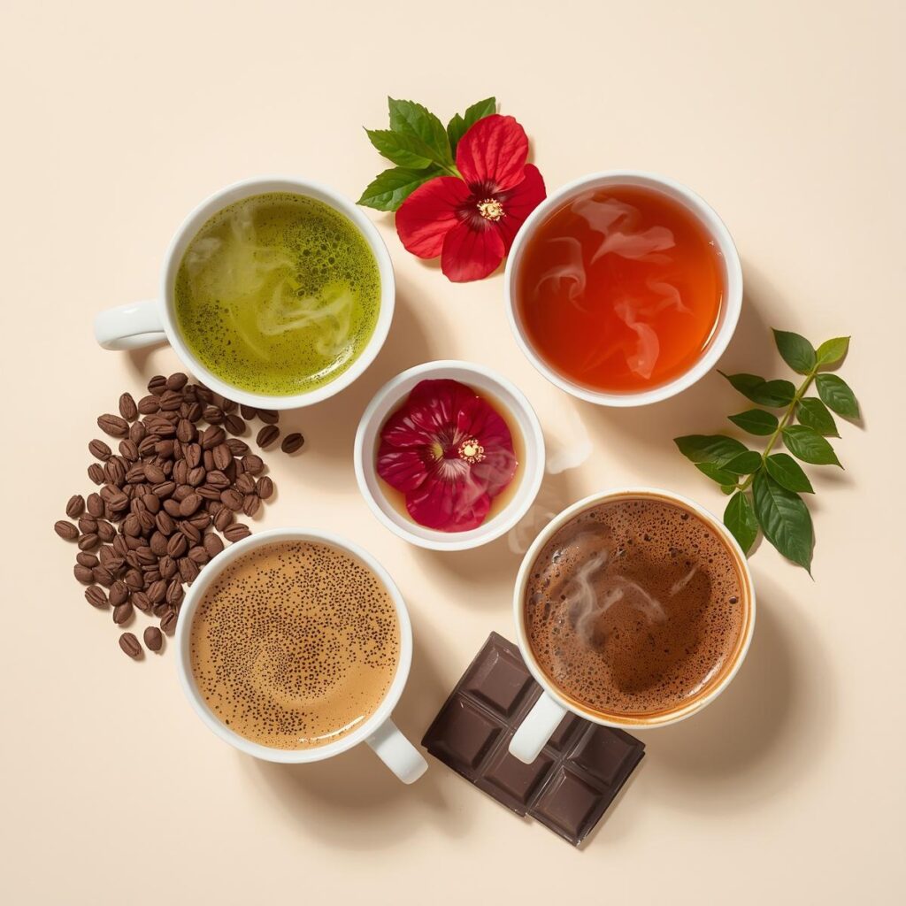 chá verde_chá de hibisco_café_cacau e chocolate