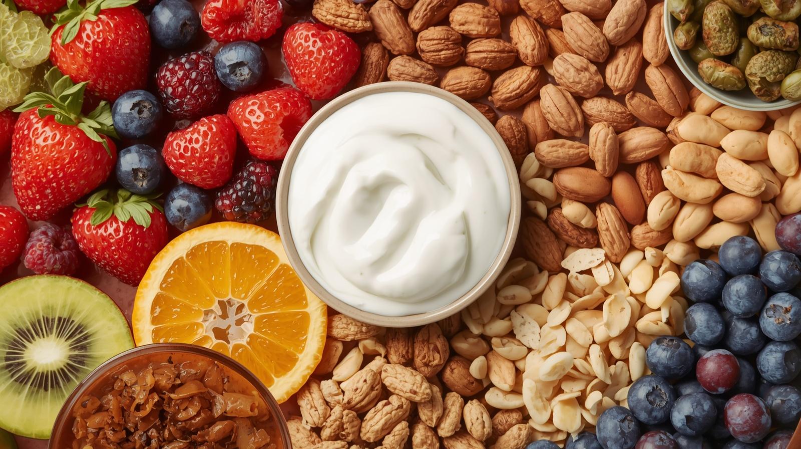 lanches saudáveis, frutas frescas, castanhas, iogurte e snacks naturais