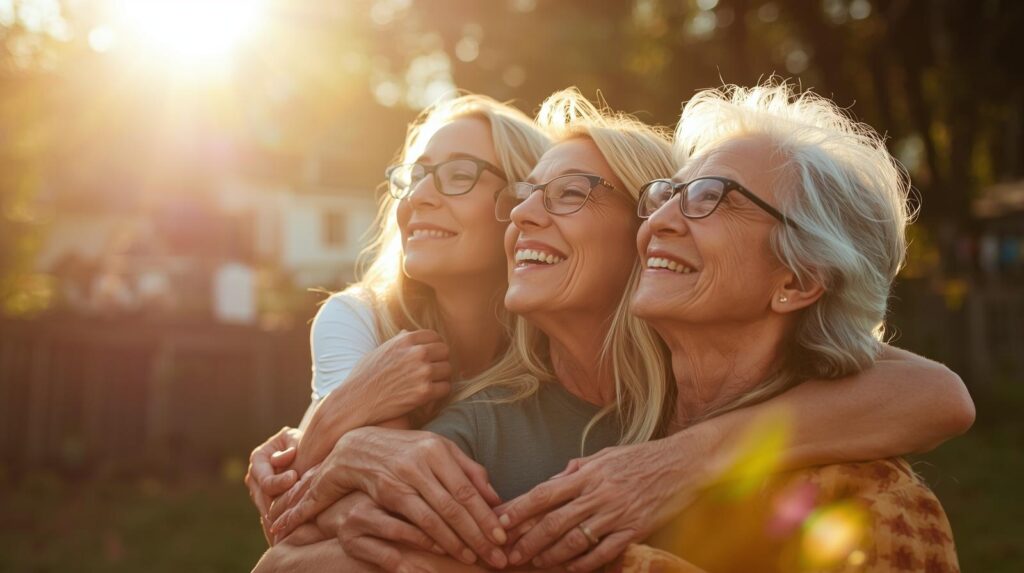 mãe, filha adolescente e avó juntas felizes abraçando e olhando para frente