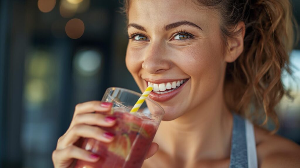 mulher jovem e atletica, feliz, em seu trabalho consumindo uma vitamina de fruta