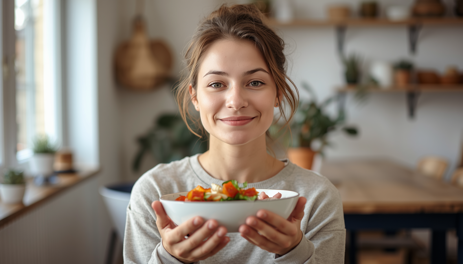 Pessoa em rotina alimentar equilibrada e leve