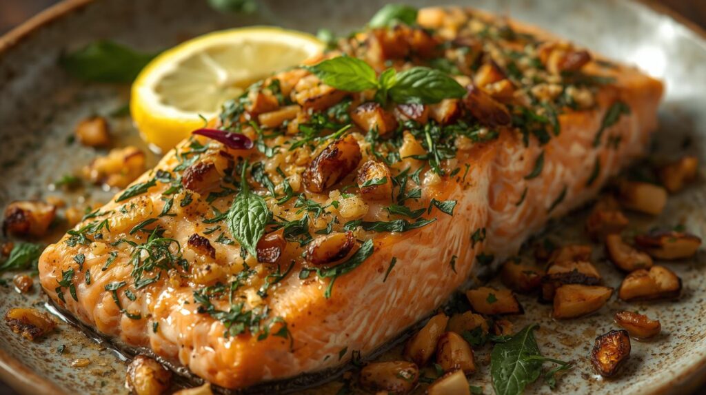Salmão ao forno com crosta de ervas, limão siciliano e castanhas