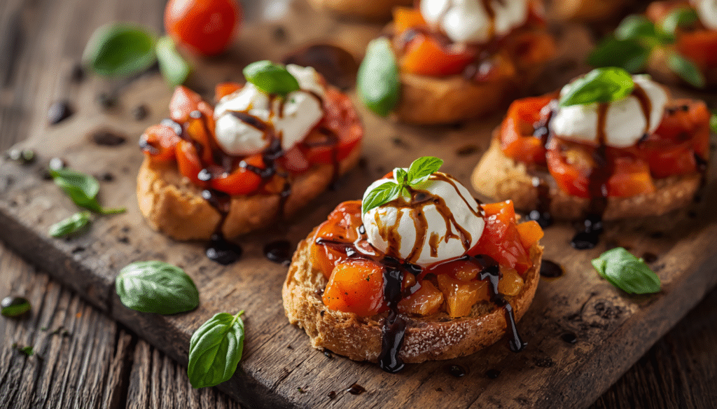 Bruschetta de tomate confit com burrata