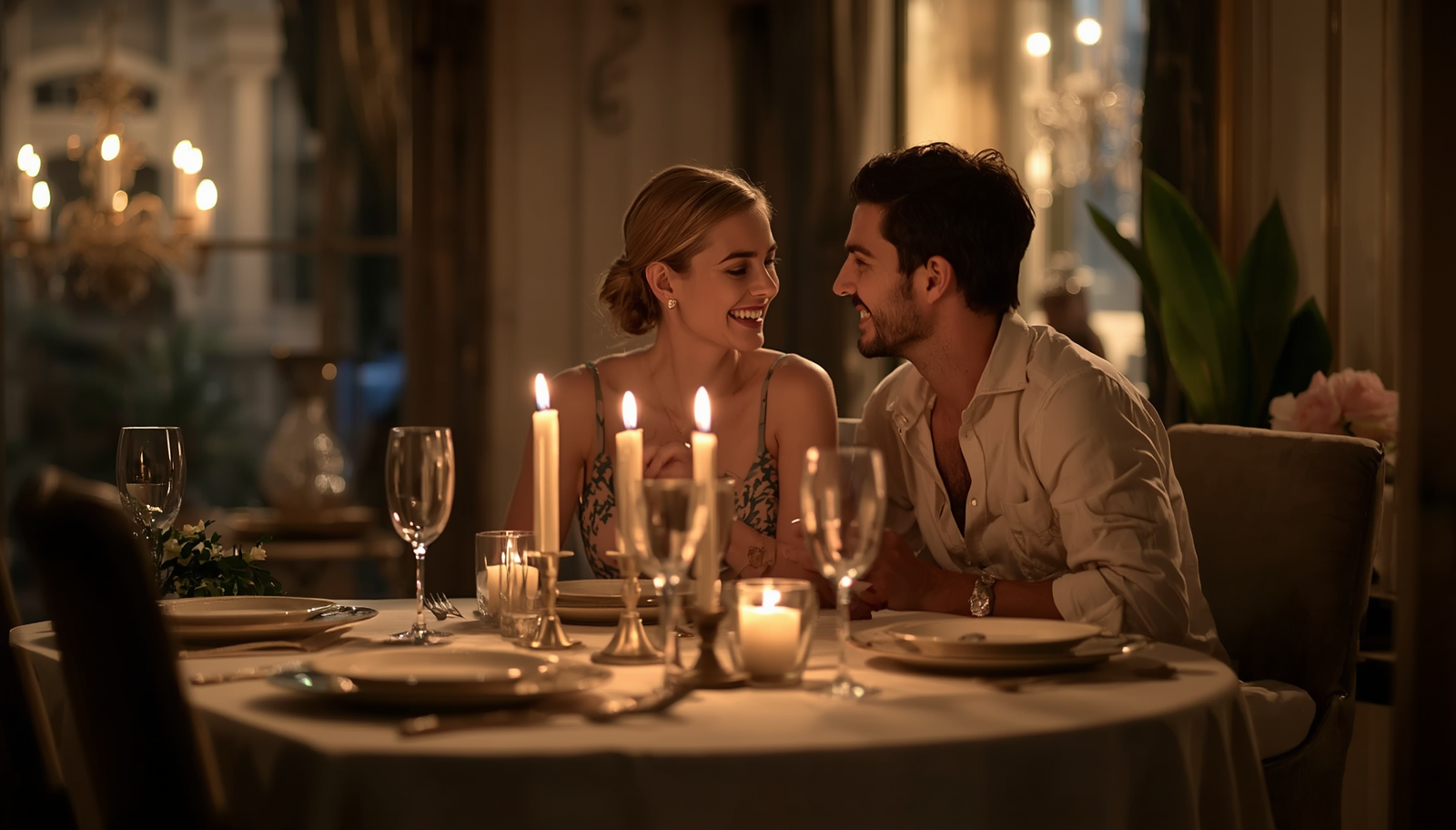 Casal em jantar romântico em casa, ambiente elegante e acolhedor