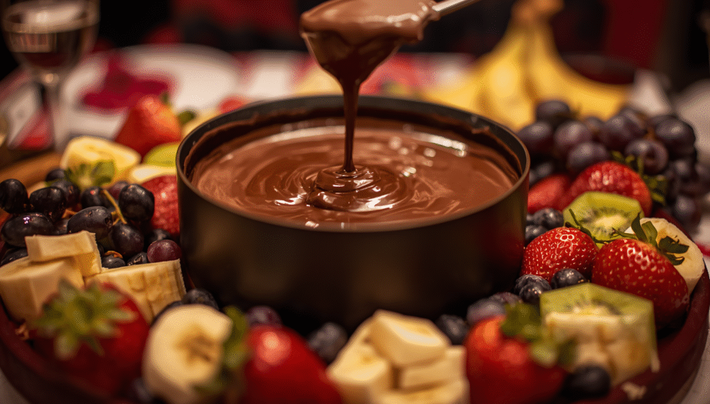 Fondue saudável de chocolate com frutas para jantar especial de Dia dos Namorados