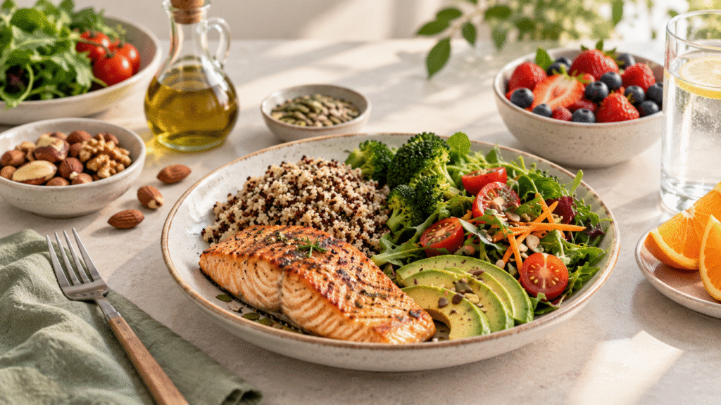 Refeição equilibrada com proteínas, vegetais, grãos e gorduras saudáveis para um envelhecimento saudável