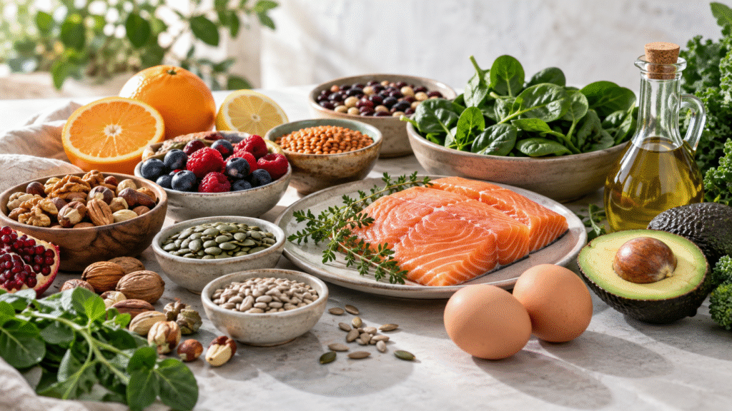 Alimentos fontes de nutrientes importantes para a fertilidade, como folhas verdes, ovos, peixes, castanhas, sementes e frutas vermelhas.
