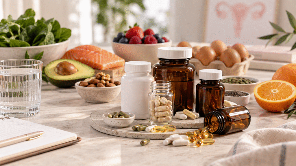 Suplementos e alimentos naturais representando os cuidados nutricionais e a suplementação individualizada antes da gestação.
