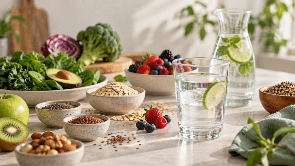 Aveia, sementes, frutas, vegetais e um copo de água representando cuidados com a saúde intestinal.