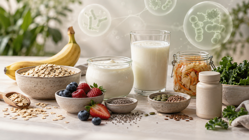 Iogurte, kefir, banana, aveia e suplemento probiótico ilustrando prebióticos e probióticos na saúde intestinal.