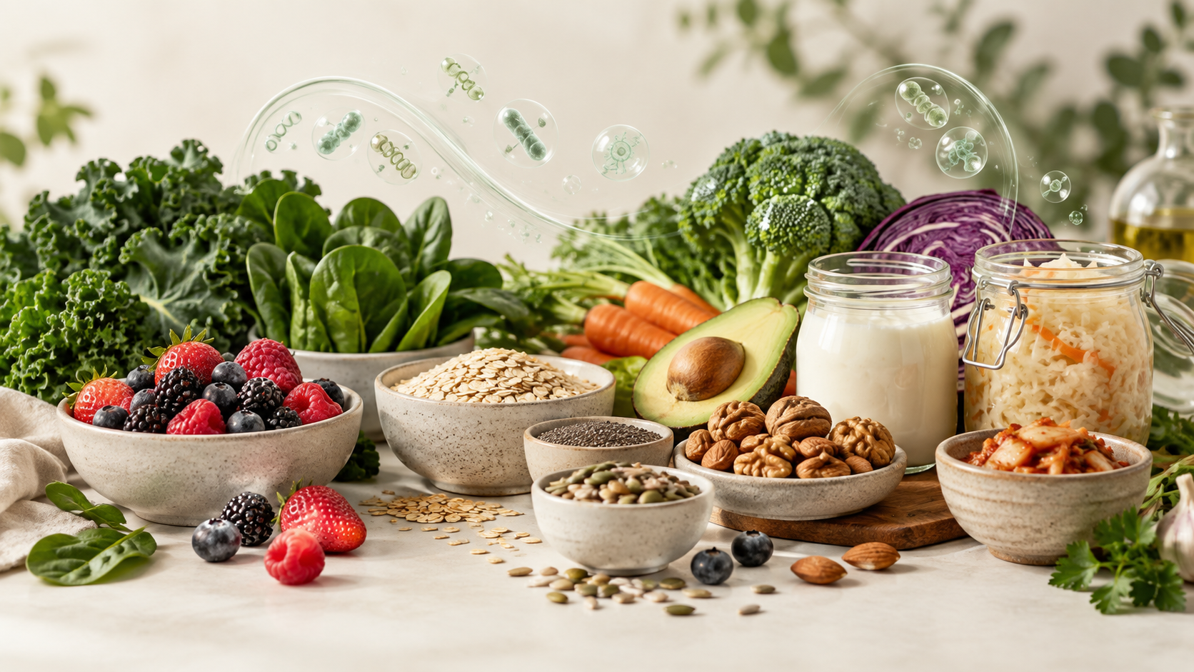 Alimentos ricos em fibras e elementos científicos que representam a microbiota e a saúde intestinal.