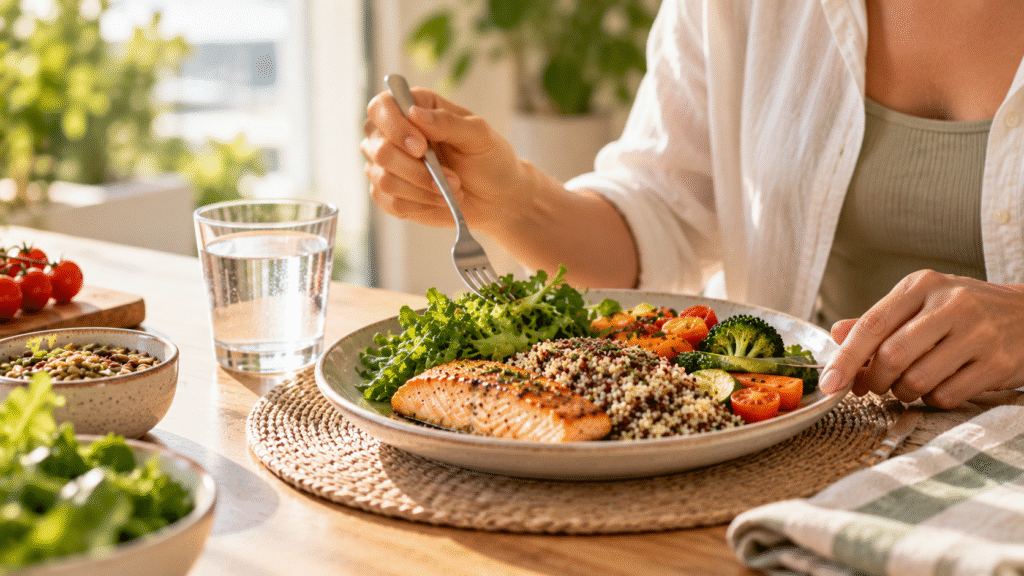 Refeição equilibrada com proteínas, vegetais e grãos, ilustrando a importância da regularidade alimentar para pessoas com enxaqueca.