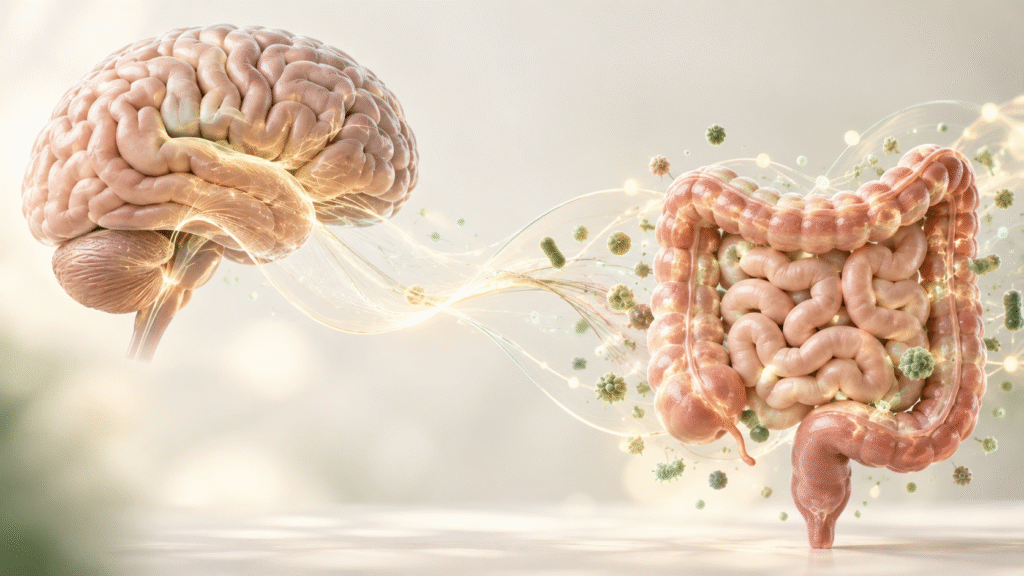 Ilustração científica realista representando a comunicação entre intestino e cérebro, tema investigado em pesquisas sobre enxaqueca.