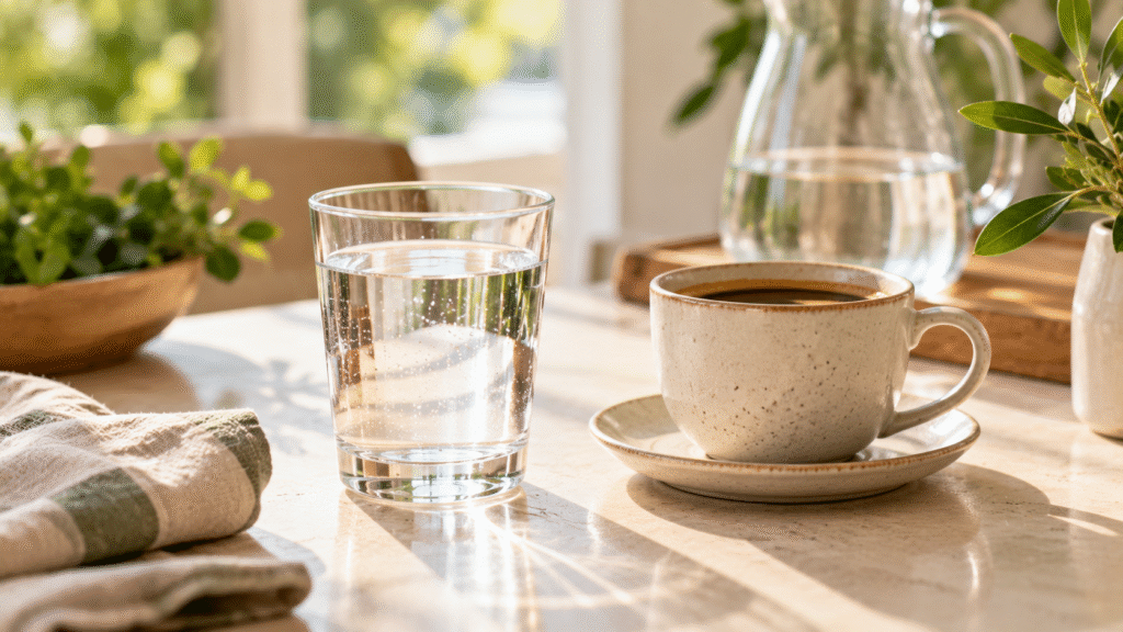 Copo de água e xícara de café sobre mesa próxima à janela, representando a relação da hidratação e da cafeína com a dor de cabeça.