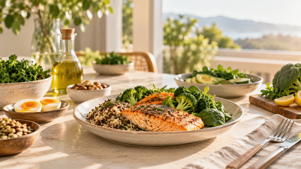 Refeição equilibrada com alimentos fontes de vitamina D e K em ambiente com iluminação solar natural