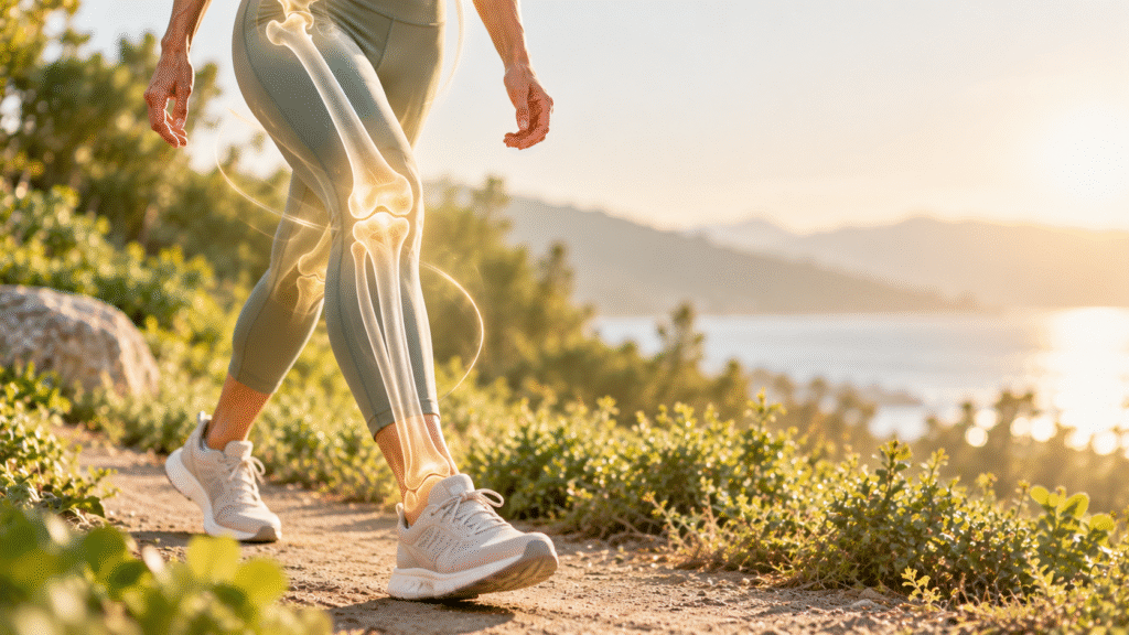 Representação conceitual da relação entre vitamina D3, vitamina K2, cálcio e saúde óssea