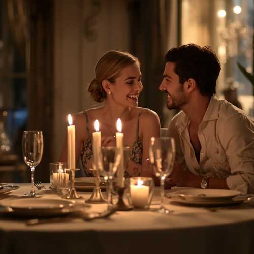 Casal em jantar romântico em casa, ambiente elegante e acolhedor