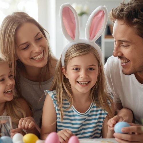Família em momento descontraído na Páscoa