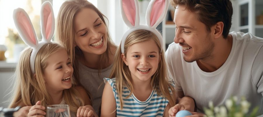 Família em momento descontraído na Páscoa