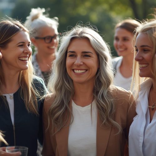 Grupo de mulheres sorrindo e conversando juntas