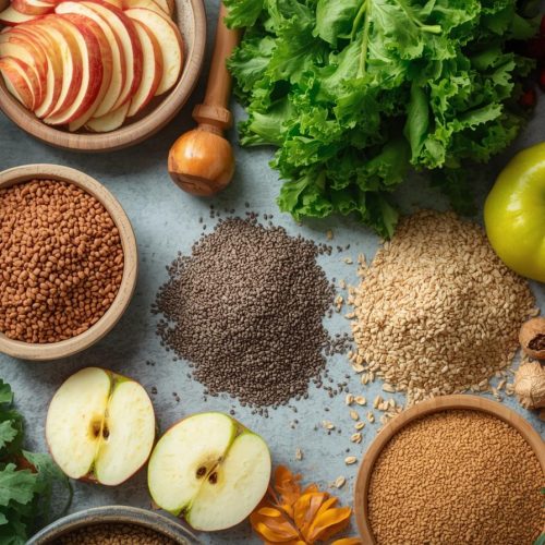 Mesa clara com alimentos ricos em fibras