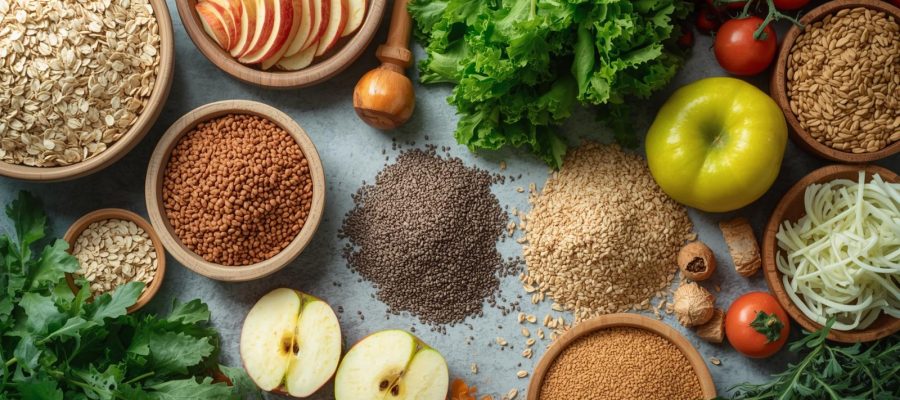 Mesa clara com alimentos ricos em fibras