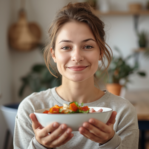 Pessoa em rotina alimentar equilibrada e leve