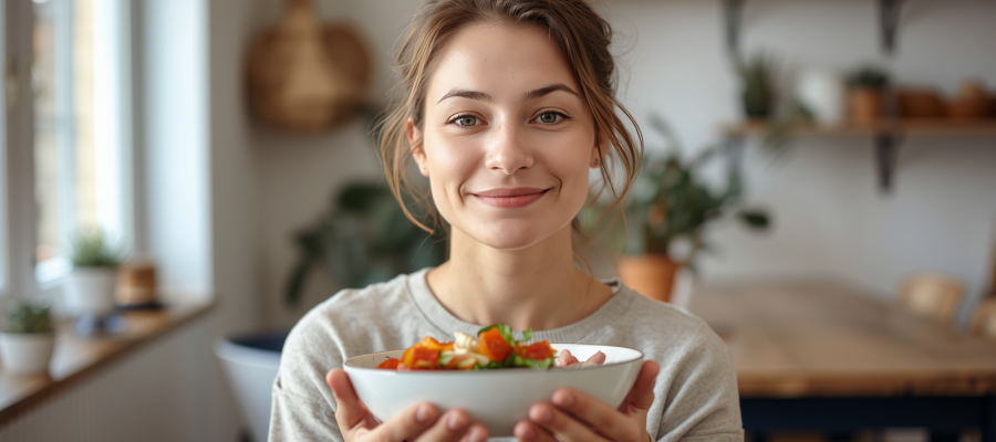 Pessoa em rotina alimentar equilibrada e leve