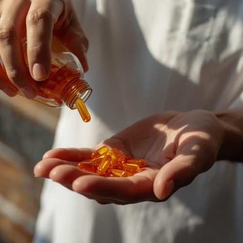 `Pessoa segurando frasco de suplemento