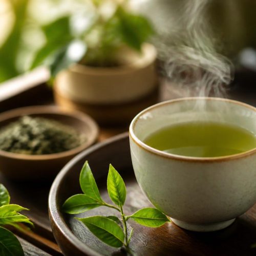 Xícara de chá verde fumegante em ambiente acolhedor, folhas de chá verde frescas