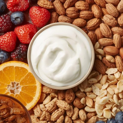 lanches saudáveis, frutas frescas, castanhas, iogurte e snacks naturais