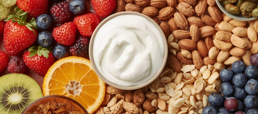 lanches saudáveis, frutas frescas, castanhas, iogurte e snacks naturais
