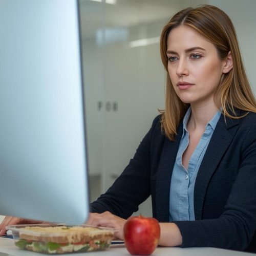 mulher trabalhando em escritorio com lanche saudável