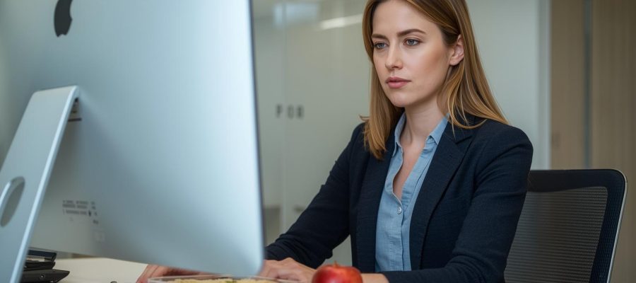 mulher trabalhando em escritorio com lanche saudável