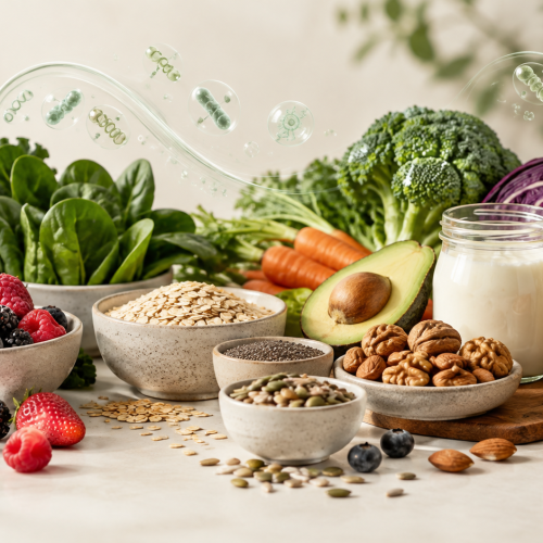 Alimentos ricos em fibras e elementos científicos que representam a microbiota e a saúde intestinal.
