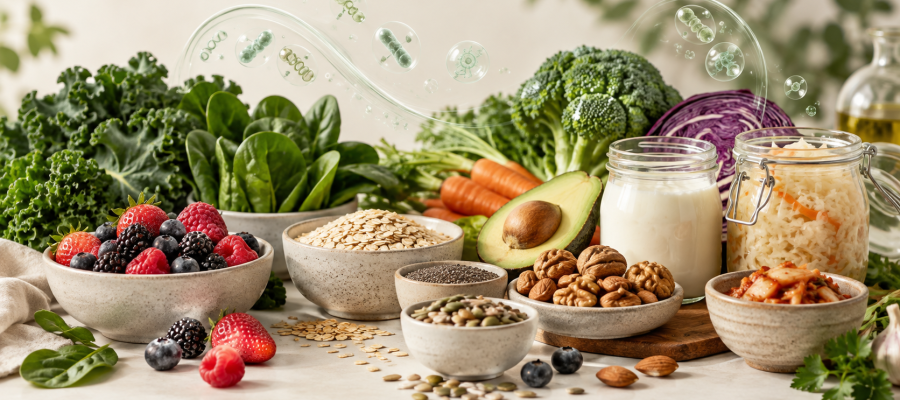 Alimentos ricos em fibras e elementos científicos que representam a microbiota e a saúde intestinal.
